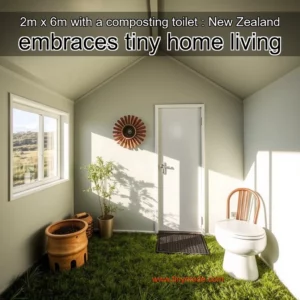 Artistic representation for 2m x 6m with a composting toilet : New Zealand embraces tiny home living