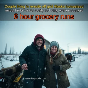 Artistic representation for Couple living in remote off grid Alaska homestead reveal brutal winter reality including wolf encounters 6 hour grocery runs